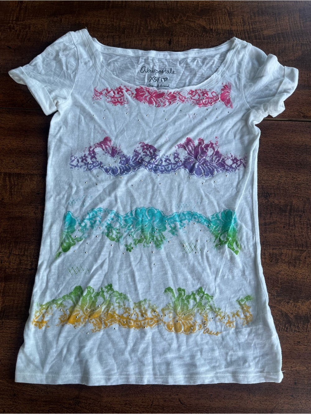 Y2K Aeropostale Floral Print Rhinestone Tee XS White Coquette McBling Fairycore